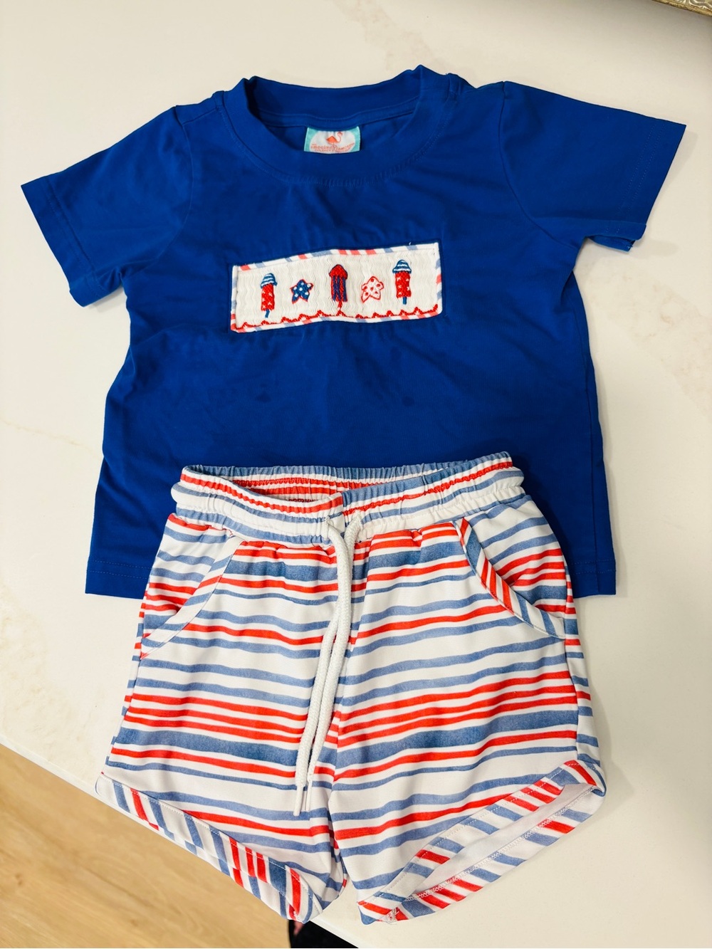 The Smocked Flamingo Toddler Red, White, Blue Shorts Set 4th of July